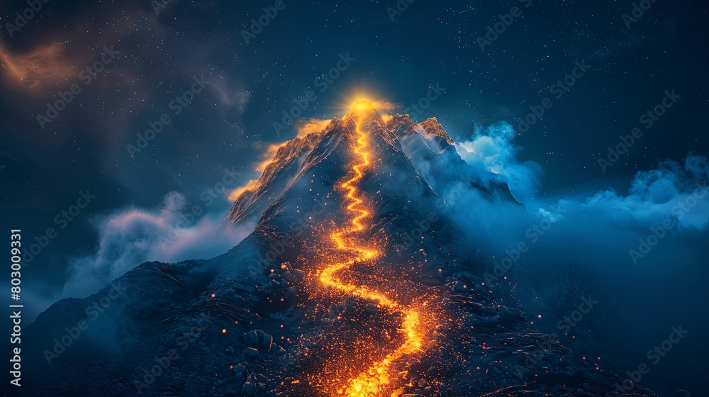 Majestic nighttime volcanic eruption under starry sky