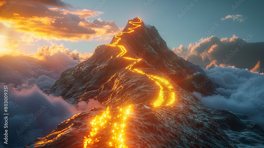 Majestic mountain peak with flowing lava at sunset Majestic mountain peak with flowing lava at sunset