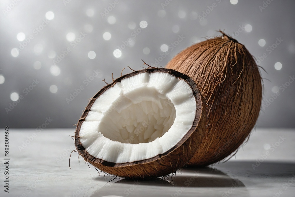 A close-up shot of a slice of Coconut placed on a white surface A close-up shot of a slice of Coconut placed on a white surface