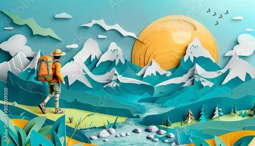 Create a paper cut out illustration of a person hiking in the mountains