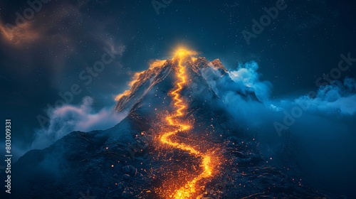Majestic nighttime volcanic eruption under starry sky