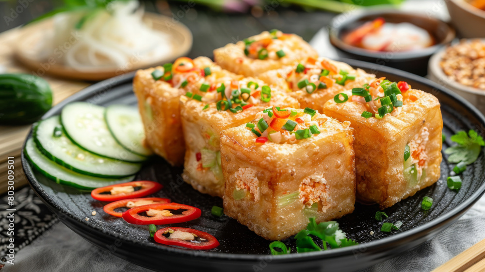 Yong tau foo: a traditional malaysian favorite with fresh scallions and chili, served alongside sides on a rustic wooden table