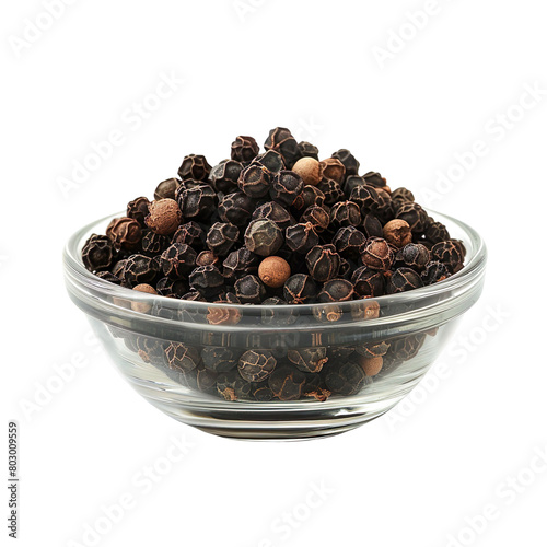 Extreme front view of full Black Pepper in a small glass bowl isolated on a white transparent background