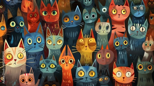 Colorful illustrated gathering of whimsical cartoon cats