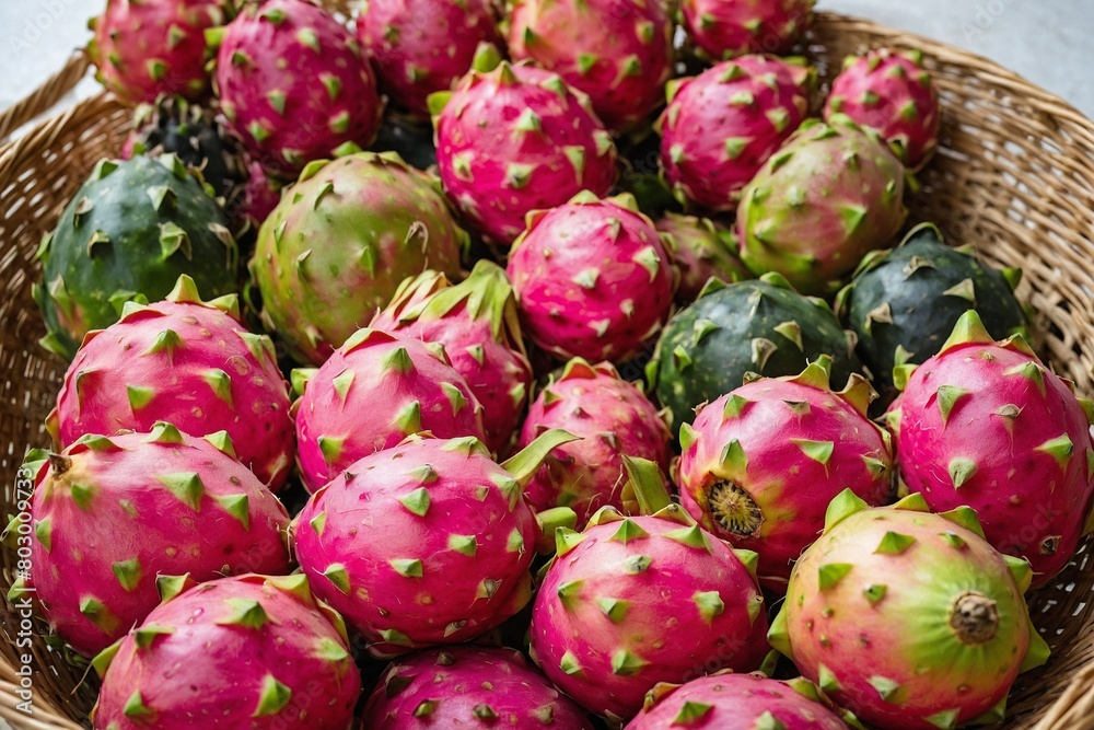 Dragon fruits arranged neatly in cane baskets Dragon fruits arranged neatly in cane baskets