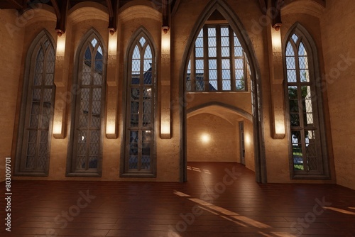 3D rendered interior from a classic villa with big windows 