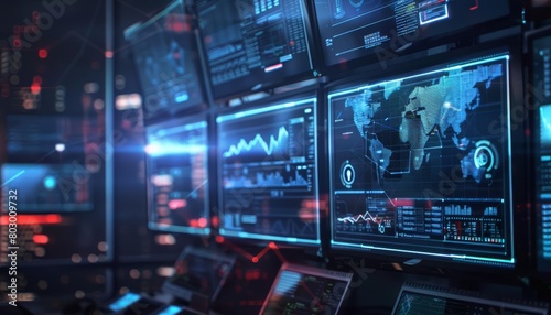 Futuristic command center with multiple screens displaying complex data and world map.