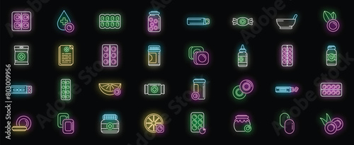 Cough drops icons set outline vector. Pill medicine. Drugs disease neon color on black