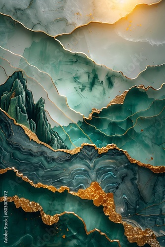 Mountain Castle Scene: Art Deco Gold Inlaid Jade Carving, Fantasy Landscape Painting, Marble Texture photo