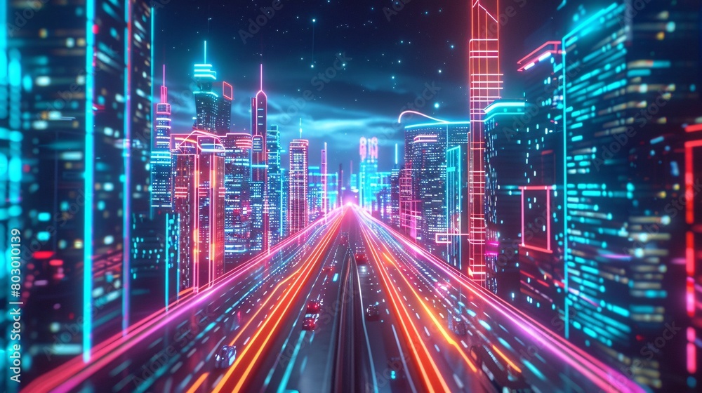 Futuristic city at night with light trails. abstract background.