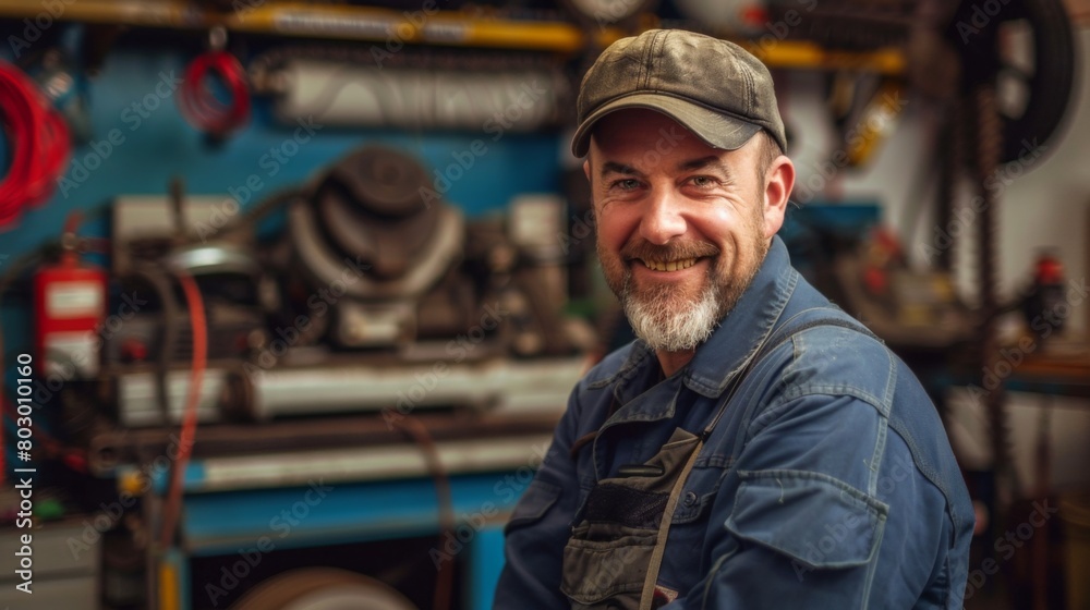 A car mechanic smiling while wearing a blue shirt and hat
