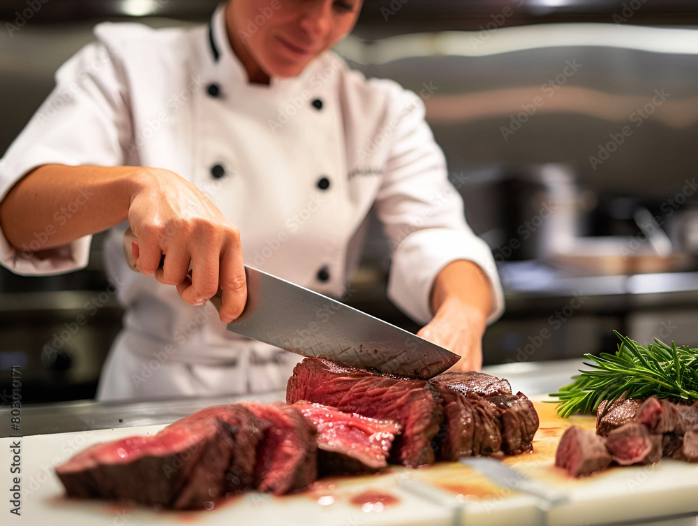 Chef slicing tender cooked steak on a cutting board