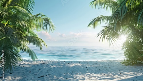 Create a photorealistic image of a beach with palm trees