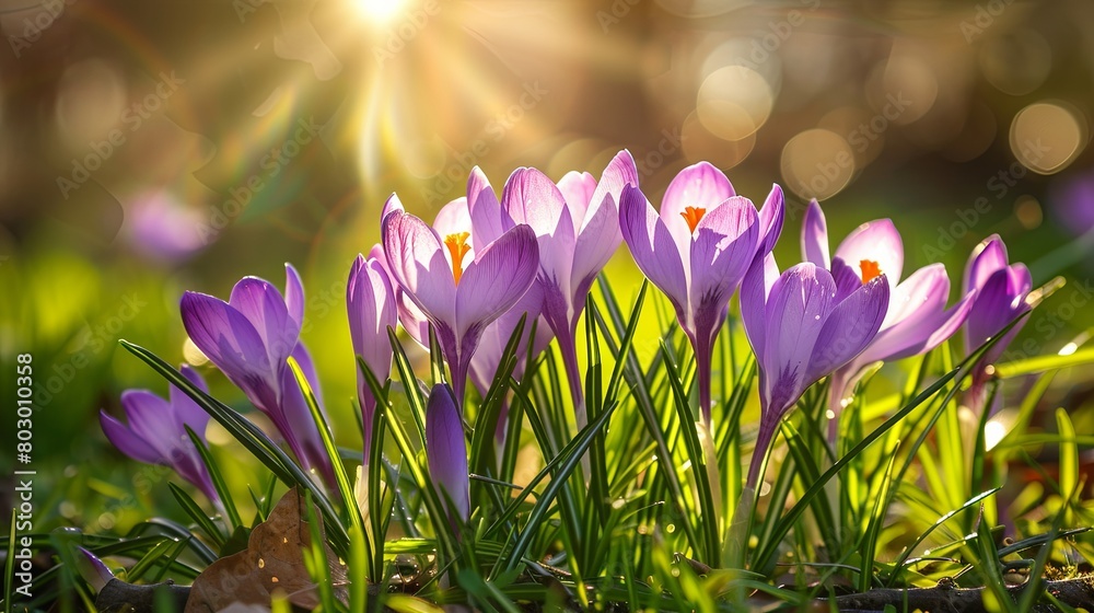 Sunlit vibrant purple crocuses blooming in springtime Sunlit vibrant purple crocuses blooming in springtime