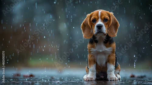 Beagle sitting in the rain.