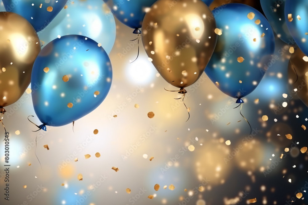 A bunch of blue and gold balloons float in the air, casting a festive shadow on a dark background A bunch of blue and gold balloons float in the air, casting a festive shadow on a dark background