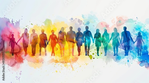 Colorful watercolor silhouette of diverse group holding hands