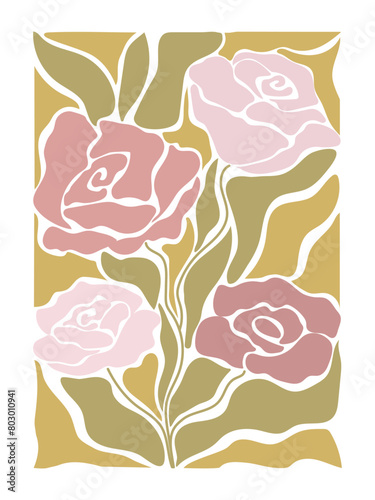 Abstract floral poster. Minimalistic roses garden, 70s style groovy flowers for prints. Vector illustration