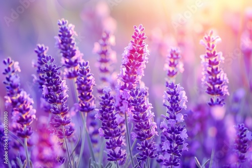 Vivid sunset colors enhance the beauty of a scenic french lavender flower field landscape
