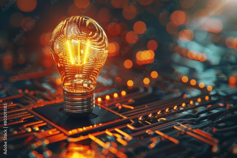An illustration of a light bulb on a circuit board. The light bulb is ...