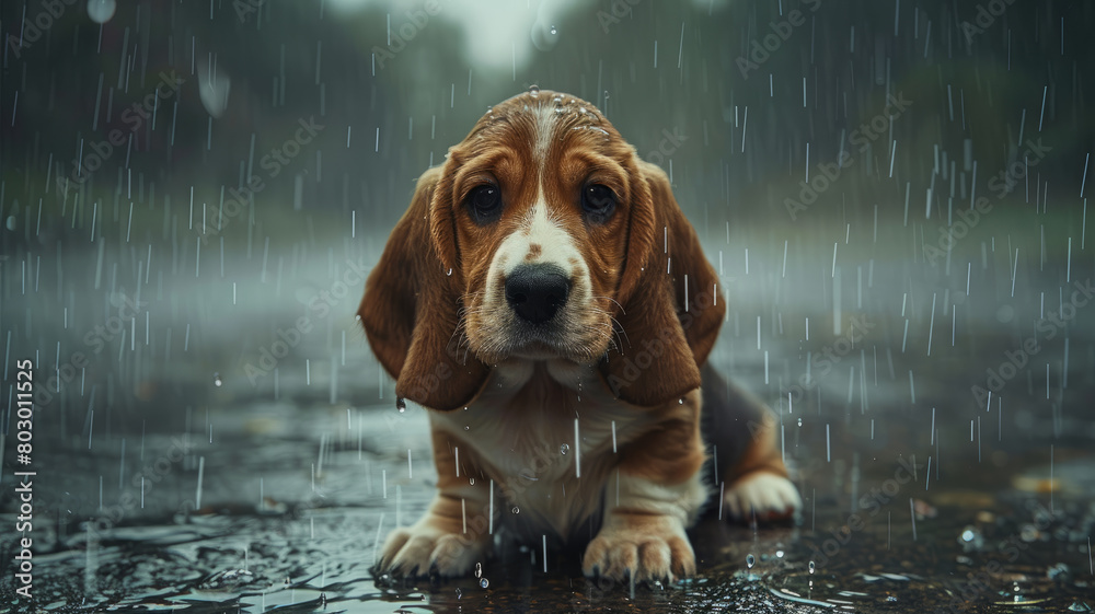 Photo of a sad beagle puppy in the rain.