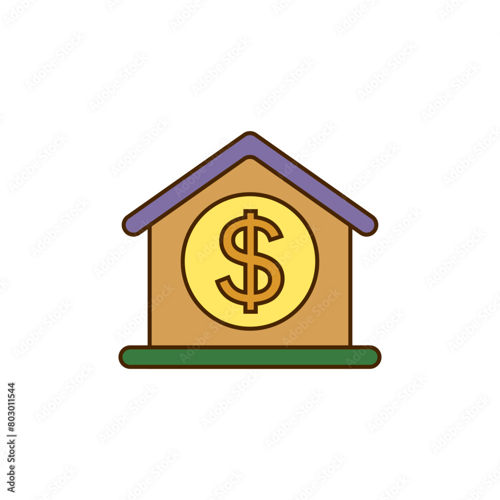 A gold coin with a dollar sign inside the house. Isolated color vector icon on white background. A gold coin with a dollar sign inside the house. Isolated color vector icon on white background.