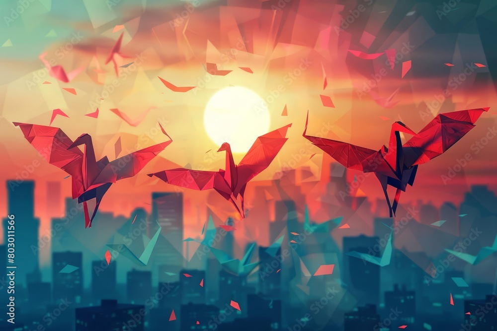Obraz premium A flock of origami birds soars above a city