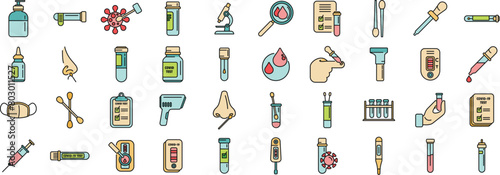 Covid test icons set outline vector. Corona prevention. Coronavirus kit thin line color flat on white