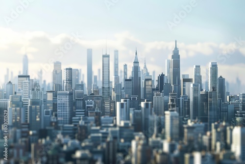 A stunning view of a modern city with skyscrapers reaching for the sky. The city is bathed in warm sunlight and a clear blue sky.