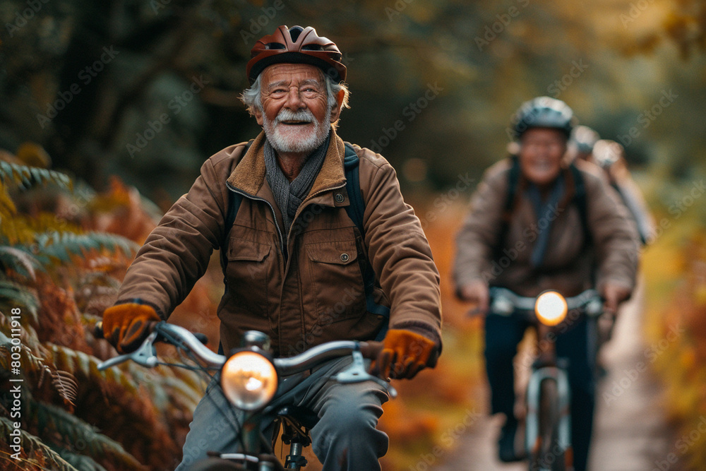 A group of seniors laughing and chatting as they take a leisurely bike ride through picturesque countryside lanes, the sun dappling through the trees as they enjoy the freedom of t A group of seniors laughing and chatting as they take a leisurely bike ride through picturesque countryside lanes, the sun dappling through the trees as they enjoy the freedom of t