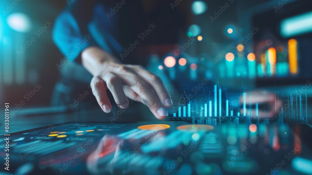 A businesswoman is using a futuristic touch screen interface to analyze and visualize complex financial data A businesswoman is using a futuristic touch screen interface to analyze and visualize complex financial data