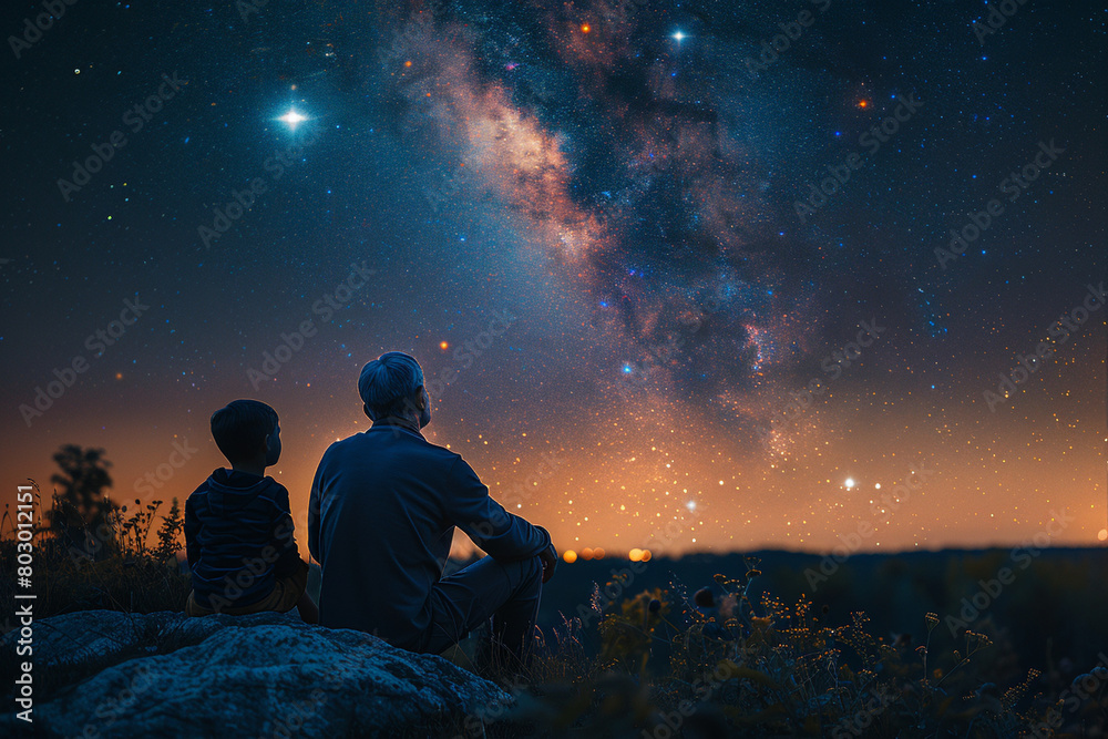 A grandfather teaching his grandchild how to navigate the stars, their gaze fixed on the twinkling night sky