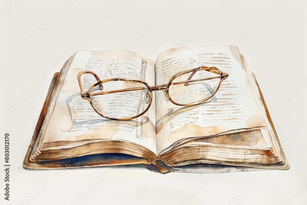 An open book with a pair of glasses on it. An open book with a pair of glasses on it.