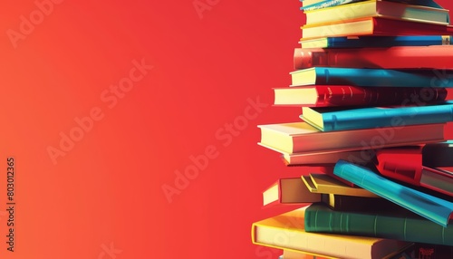 A stack of books on a red background. The books are arranged in a haphazard manner  with some books tilted and others stacked neatly.