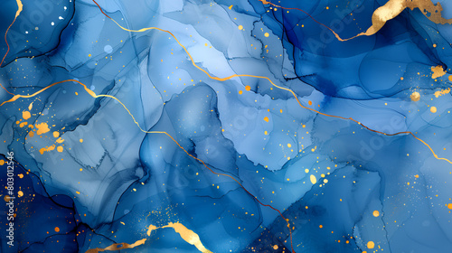 Abstract blue liquid watercolour background with gold spots  shadows and lines. 