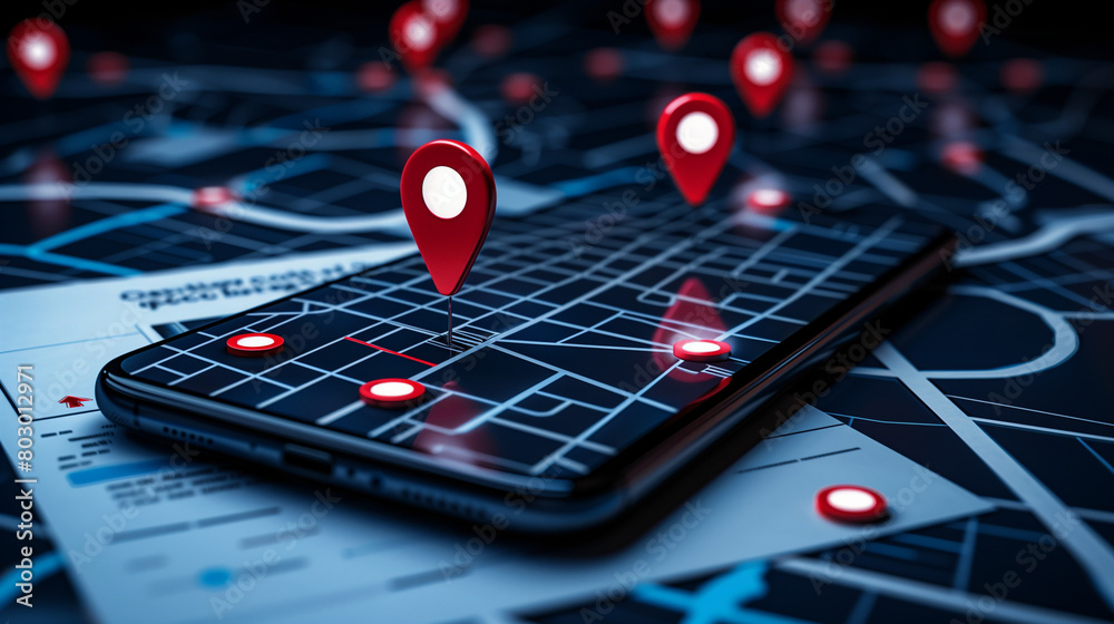 Obraz premium A modern digital city map displayed on a smartphone screen, featuring location pins indicating office buildings, set against a dark blue background with white street lines. Surrounding the smartphone 