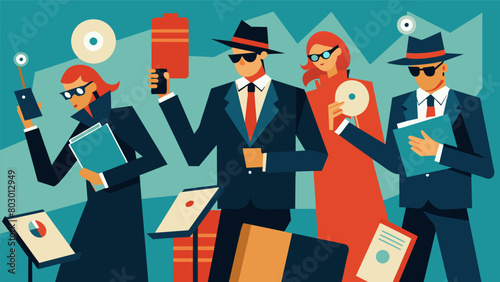 Performers dressed as government agents tap phones and sift through files hinting at a world controlled by hidden forces..
