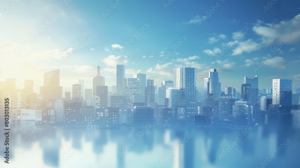 A beautiful cityscape with a blue sky and white clouds. The sun is shining brightly and the city is bustling with activity.