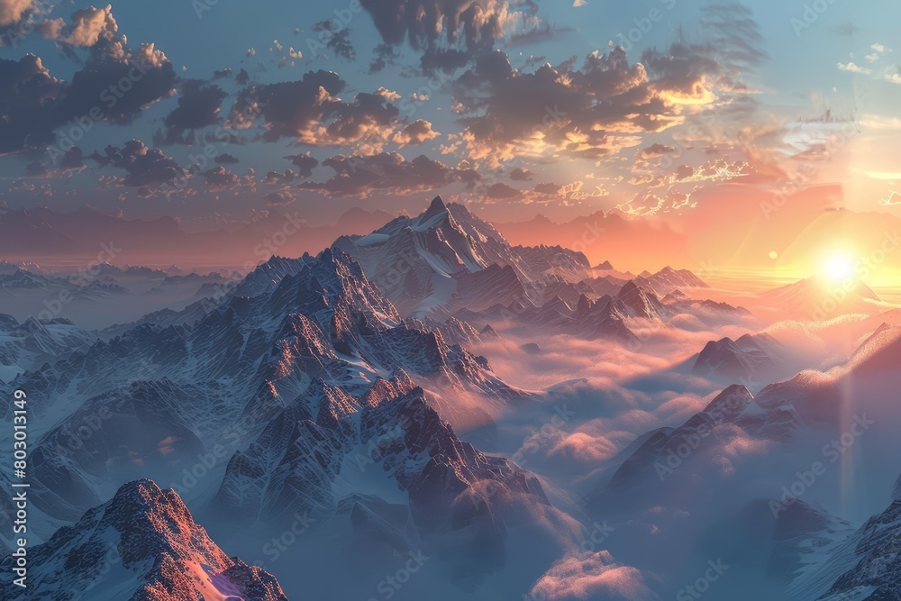 A beautiful landscape of snow-capped mountains at sunset