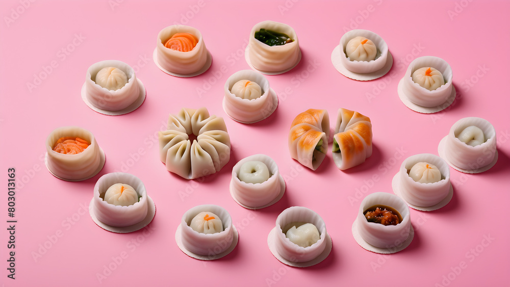 An image of delicious dim sum beautifully arranged on a pink background.