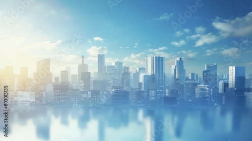 A beautiful cityscape with a blue sky and white clouds. The sun is shining brightly and the city is bustling with activity.