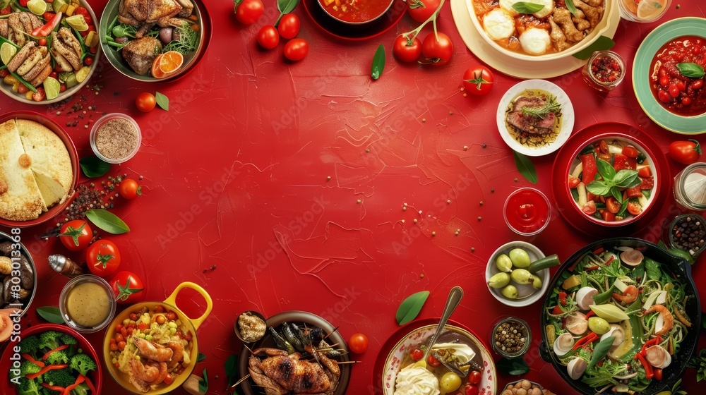 A variety of delicious dishes are arranged on a red table