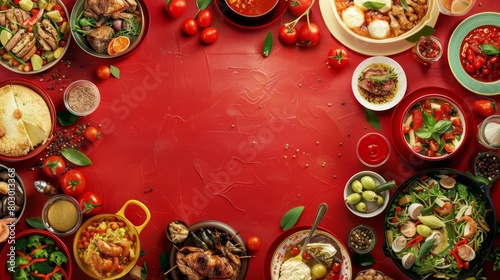 A variety of delicious dishes are arranged on a red table