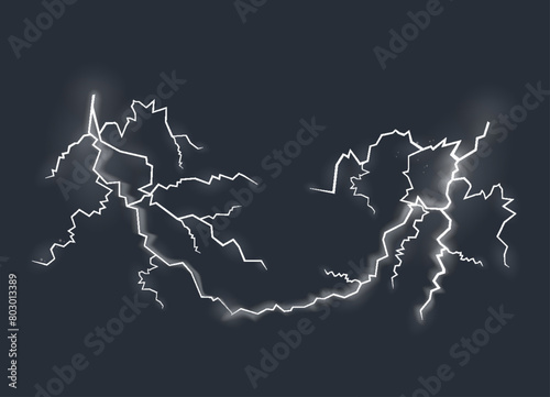 Lightning effect, natural strength symbol. Zipper, thunderstorm rays and lighting, electric power charge. Vector isolated on dark background