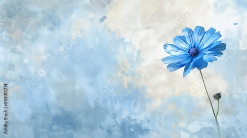 Bring to life the simplicity of a blue bachelors button flower against a soft watercolor backgroundWater color,  hand drawing photo