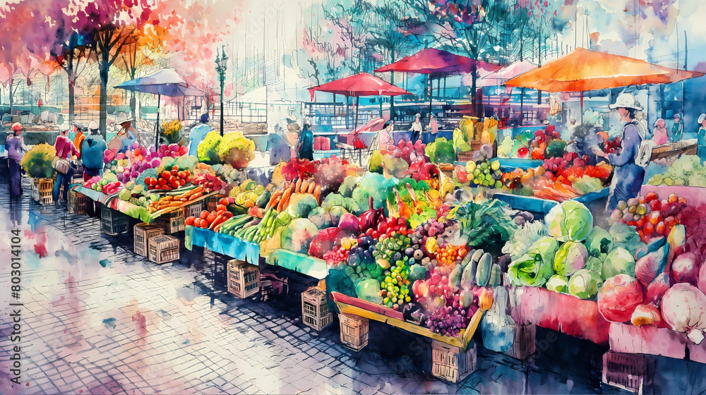 Fototapeta premium Watercolor illustration of fruits and vegetables at street farmers market with stalls with fresh vegetables and fruits