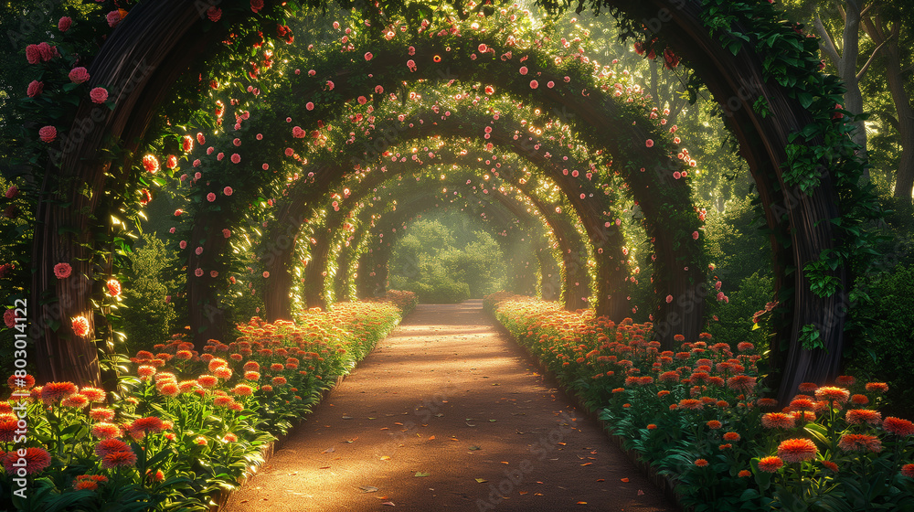 Fototapeta premium Beautiful Arches Alley Made from Green Plants with Pink Flowers in the Garden