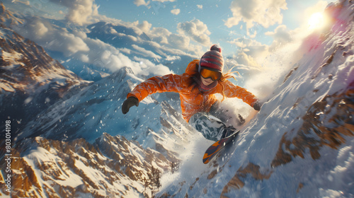 There's female snowboarder with Intensive Downhill Snowboarding Amidst Snow-Capped Mountain Peaks at daytime