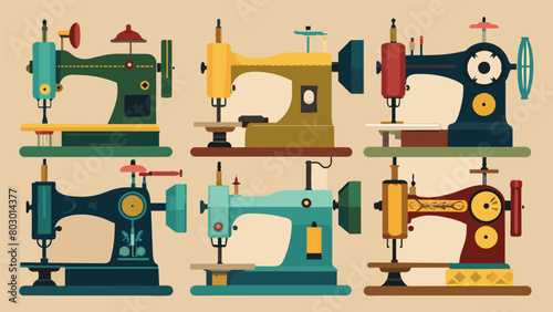 An array of antique sewing machines each a relic of a different time period in the history of crafting.. Vector illustration