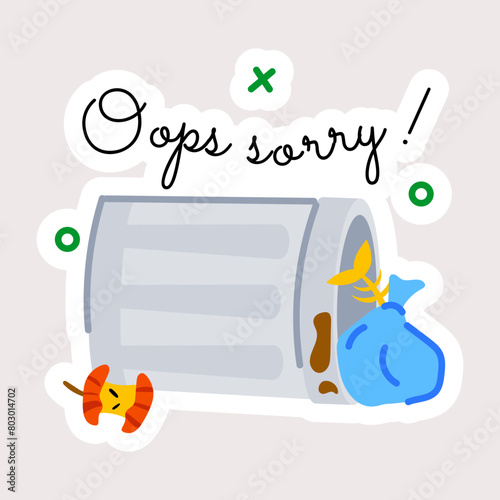 A flat sticker of overturned trash can 